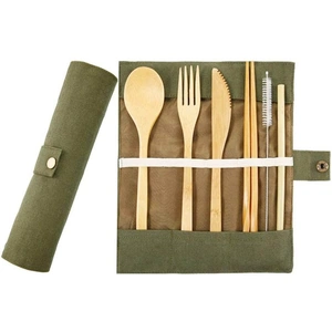 &Keep Bamboo Cutlery Set in Cotton Storage Pouch, Olive