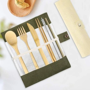 &Keep Bamboo Cutlery Set in Cotton Storage Pouch, One of Each (2 Sets)