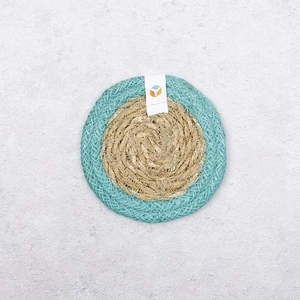 Respiin Round Seagrass & Jute Coaster, Natural/Turquoise